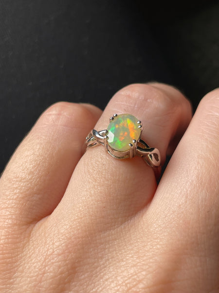 size 6.25 sterling silver rhodium plated faceted lab opal ring