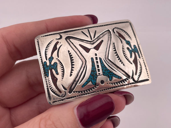 sterling silver crushed turquoise coral peyote bird belt buckle