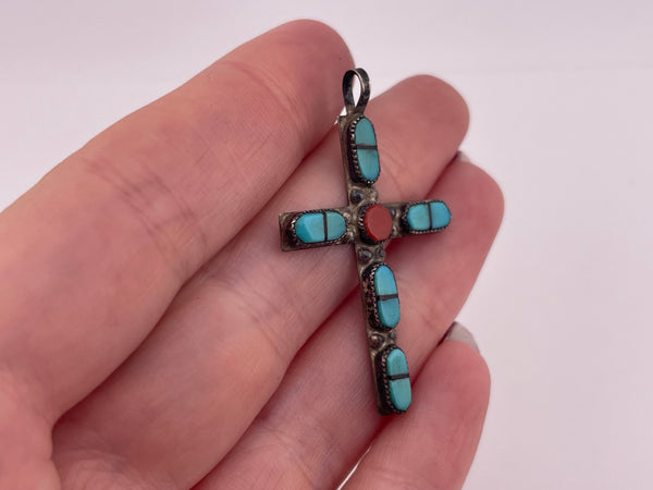 sterling silver turquoise coral jet inlay cross pendant