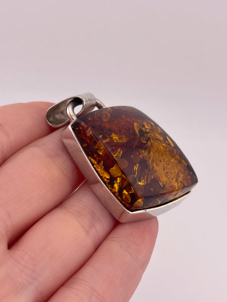sterling silver 2" square-ish amber pendant