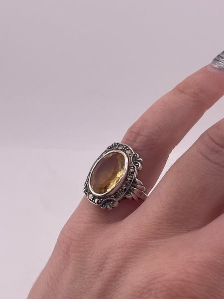 size 6.25 sterling silver Art Deco Uncas faceted citrine & marcasite ring *READ DESCRIPTION*