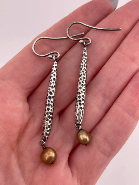 sterling silver textured pearl hook dangle earrings