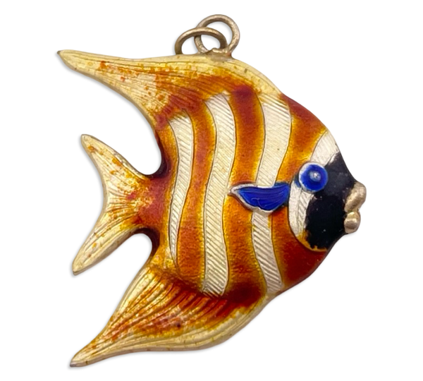 sterling silver orange yellow blue enamel fish pendant