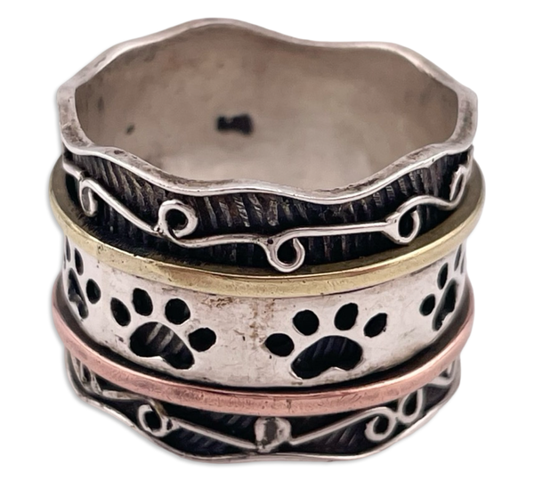 size 9.25 sterling silver copper brass paw spinner band ring