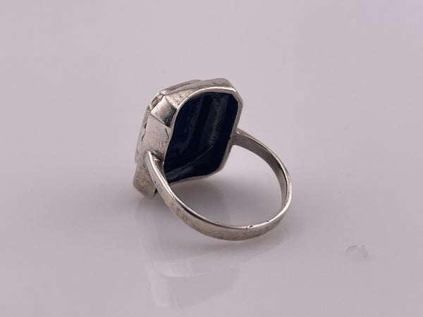 size 6.75 sterling silver black glass marcasite ring