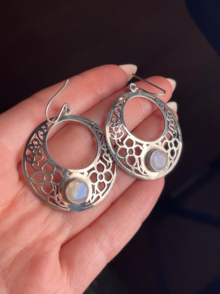 sterling silver faceted rainbow moonstone cut-out flower design hook dangle earrings