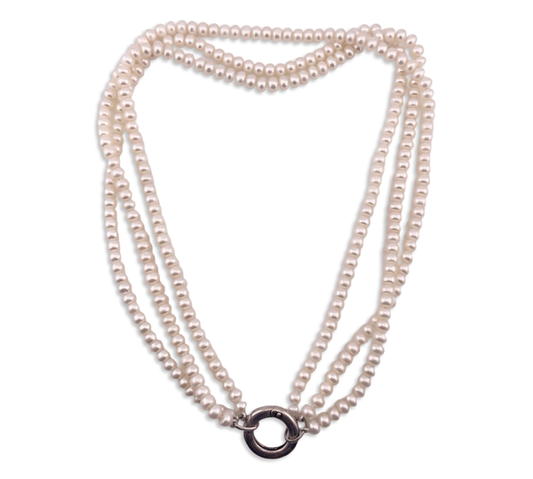 sterling silver component 17" three strand synthetic pearl necklace w/ oversized charm clasp
