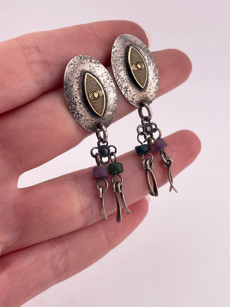 sterling silver & brass purple plastic green glass beads earrings ***Not Sterling Posts***