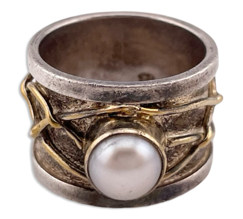 size 6.5 sterling silver & gold plated textured wide band pearl ring