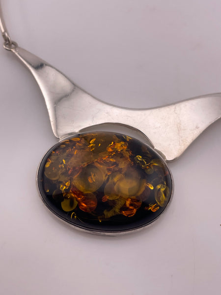 sterling silver 17-1/2" amber collar necklace