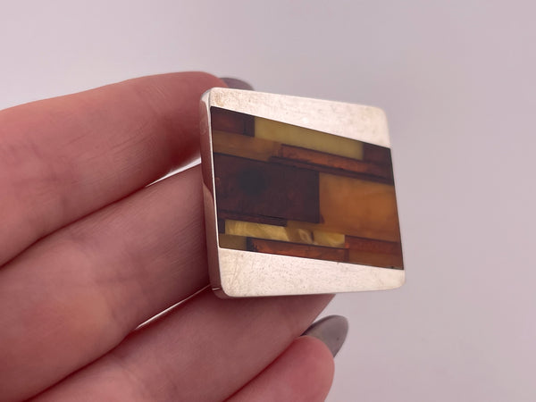 sterling silver multi-color amber inlay brooch pin