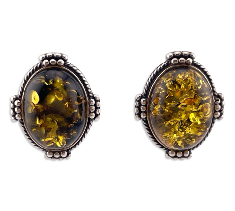 sterling silver oval yellowish amber post earrings