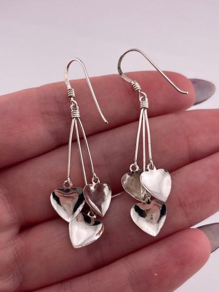 sterling silver etched triple heart dangle earrings