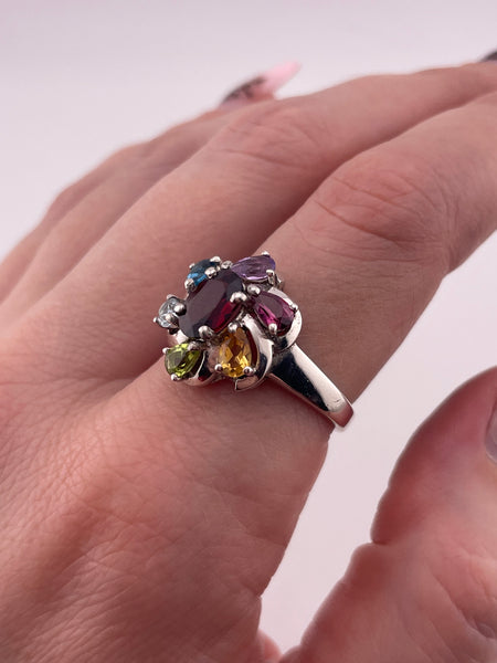 size 8.75 rhodium plated sterling silver faceted colorful multi-gemstone ring