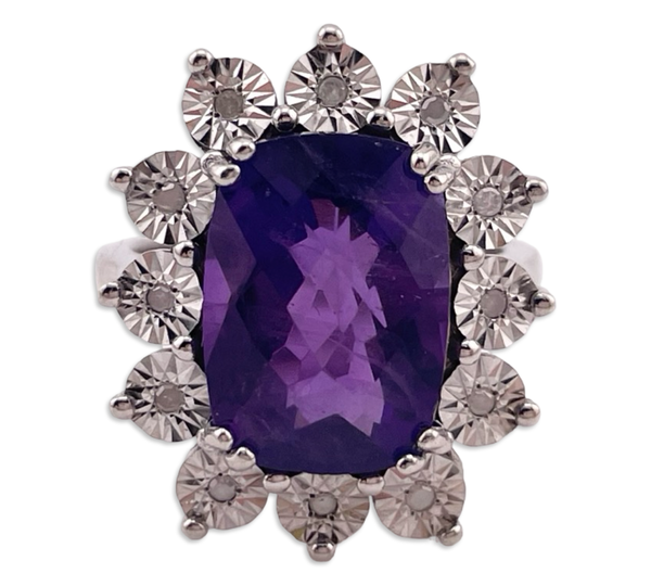 size 7.25 sterling silver rhodium plated faceted amethyst ring