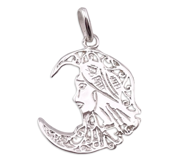 rhodium plated sterling silver woman in moon pendant