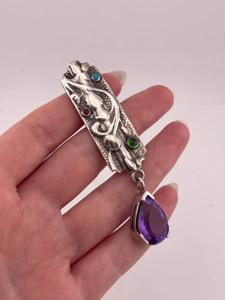 sterling silver 3-1/8" facted amethyst turquoise carnelian peridot floral pendant