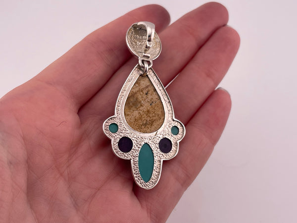 sterling silver jasper charoite stabilized turquoise dangle pendant