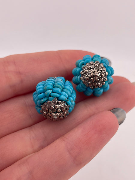 sterling silver beaded stabilized turquoise flower dangle earrings