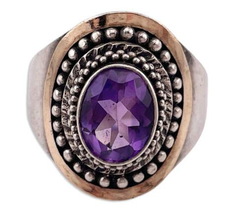 size 7 sterling silver & 18k gold faceted amethyst ring