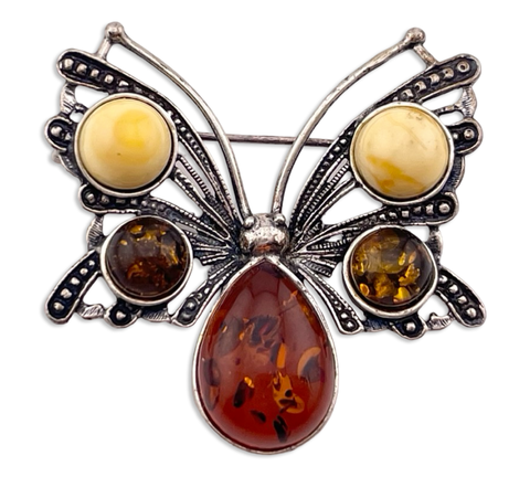sterling silver amber butterfly pin brooch