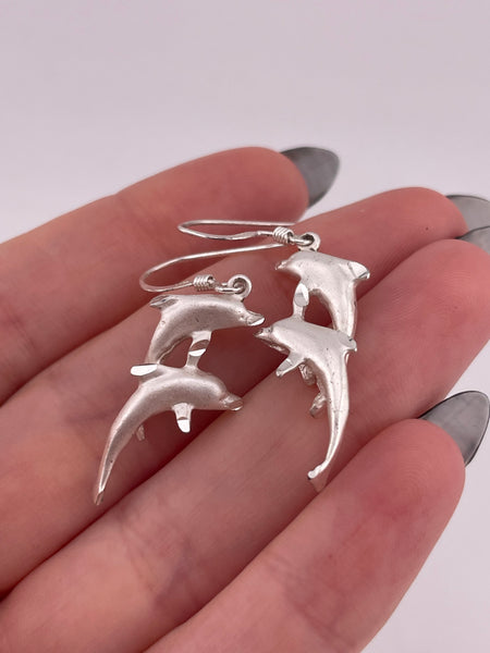 sterling silver dolphin matte finish hook dangle earrings