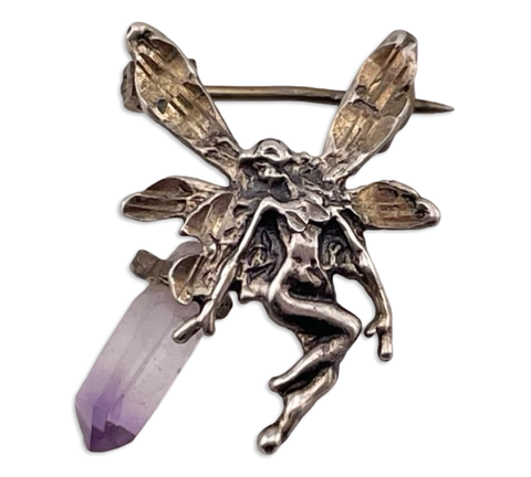 sterling silver fairy amethyst crystal brooch pin