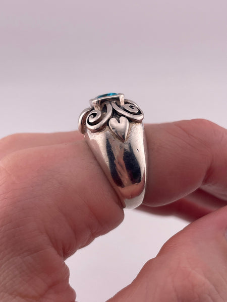 size 7 sterling silver chunky faceted blue glass heart swirl ring