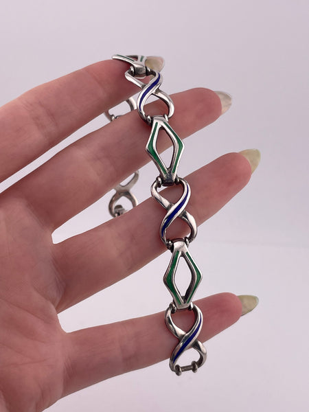 sterling silver 7" green & blue enamel link bracelet