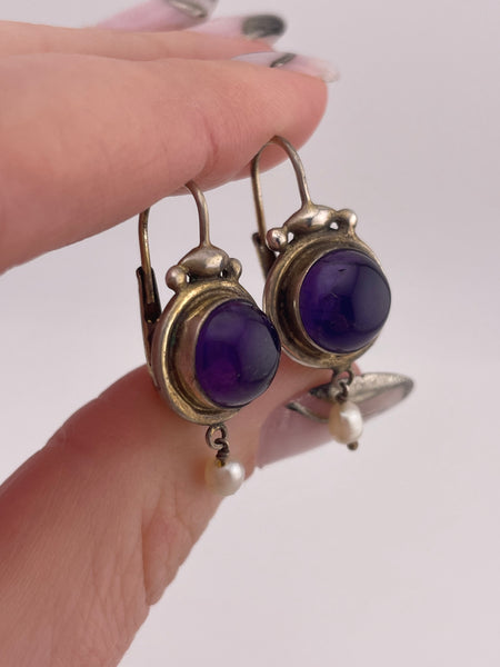 sterling silver gold plated amethyst pearl lever back hook earrings ***AS IS***