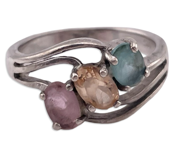 size 7.25 sterling silver faceted glass ring