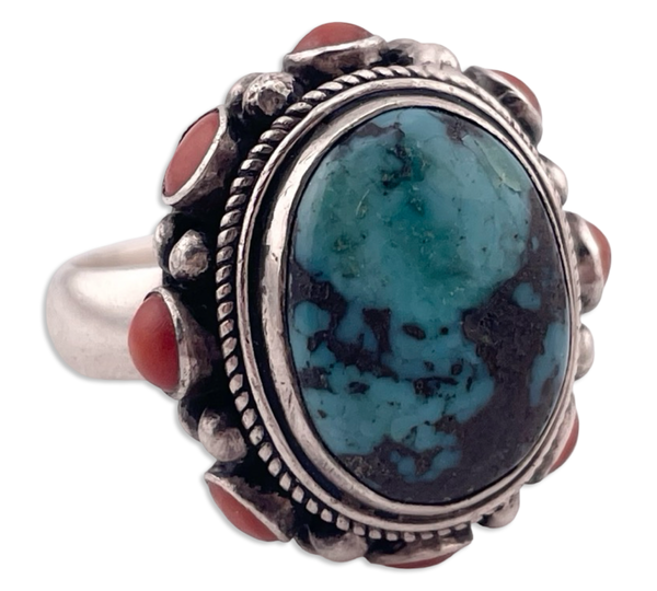 size 9 sterling silver chunky turquoise & coral border ring