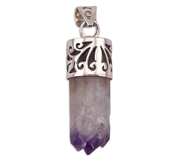 sterling silver raw amethyst cylinder pendant