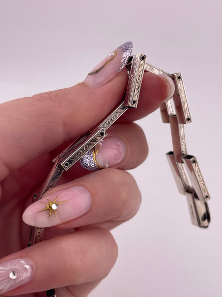 sterling silver stoneless Art Deco floral flower rectangle link bracelet