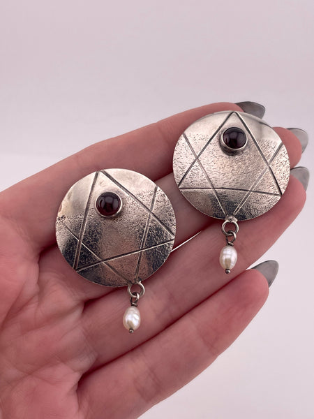 sterling silver garnet pearl Star of David textured post earrings