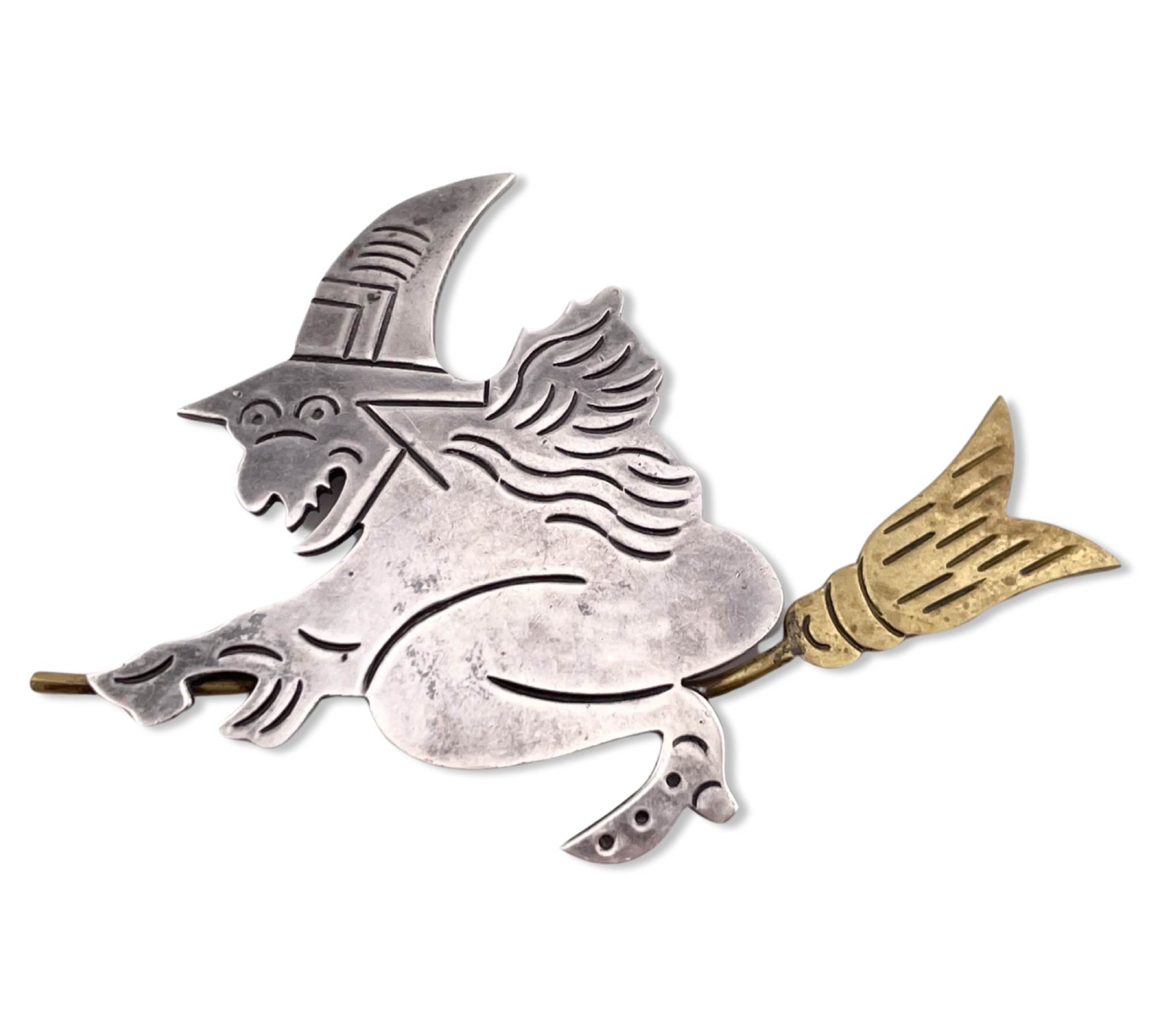 sterling silver & brass large witch pin brooch