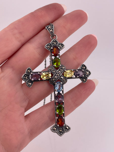 sterling silver large colorful multi-glass marcasite cross pendant necklace