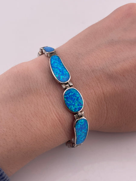 sterling silver 7-1/4" blue opal simulant link bracelet