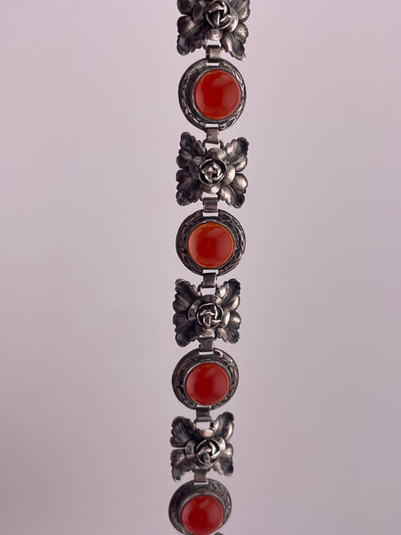 sterling silver 7-1/8" rhodium plated carnelian pressed flower bracelet