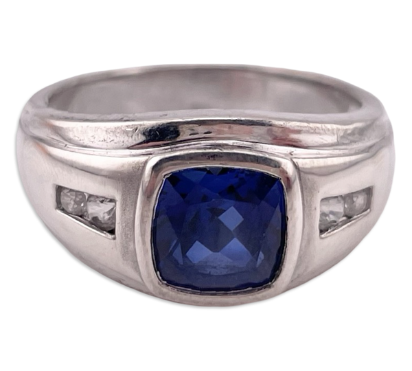 size 10.75 sterling silver blue & white lab sapphire ring