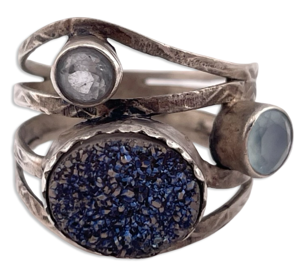 size 8.75 sterling silver druzy doublet faceted topaz glass textured band ring
