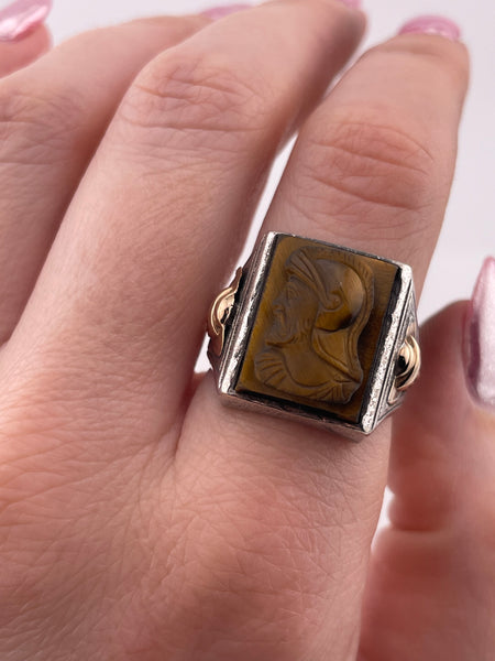 size 9 sterling silver gold accents tigers eye cameo ring