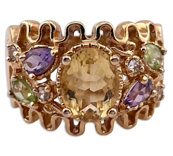 size 7 sterling silver gold plated multi-gemstone ring