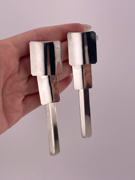 sterling silver large Mexican modern stoneless post dangle earrings
