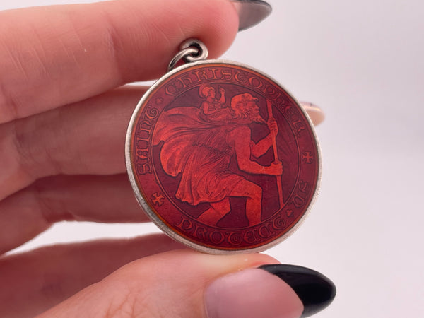 sterling silver large red enamel Saint Christopher religious protection pendant