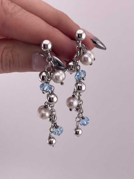 sterling silver 2-1/4" pearl blue plastic bead chandelier post dangle earrings