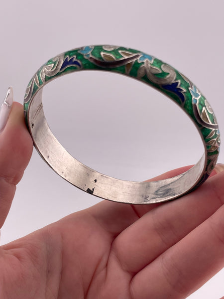 sterling silver 8" enamel scroll leaf bangle bracelet