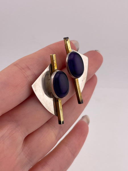 sterling silver & brass plated amethyst post earrings ***AS IS***