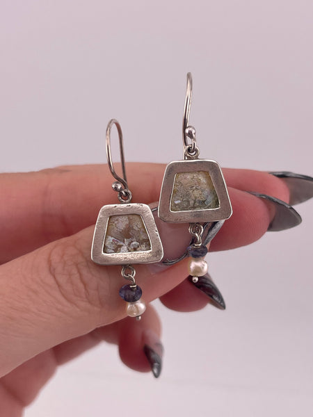 sterling silver Roman glass pearl hook dangle earrings