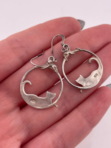 sterling silver cat and mouse hook dangle earrings